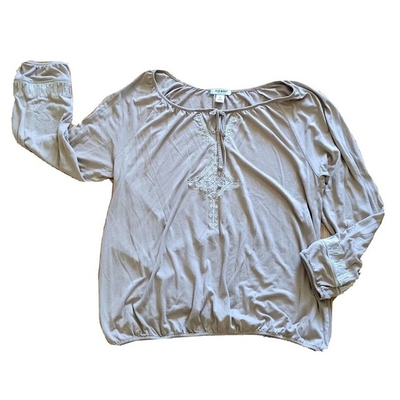 Old Navy Shirt Womens Medium Beige White Embroidery Tie Neck Bohemian Blouse - Picture 1 of 7